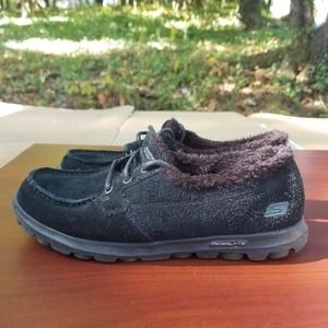 Skechers On the Go Anchor Black Faux Fur Lined Lace-up Moccasin Women's Size 6.5